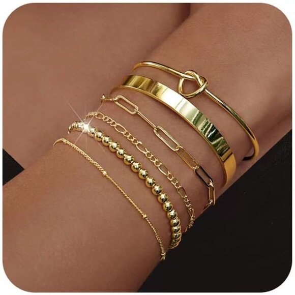 Gold Bracelets Set 18K 14K Real Gold Plated Copper Waterproof Cuff Jewelry - Picture 7 of 7